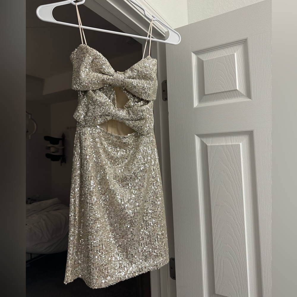 Windsor strapless silver sequen bow cutout mini dress